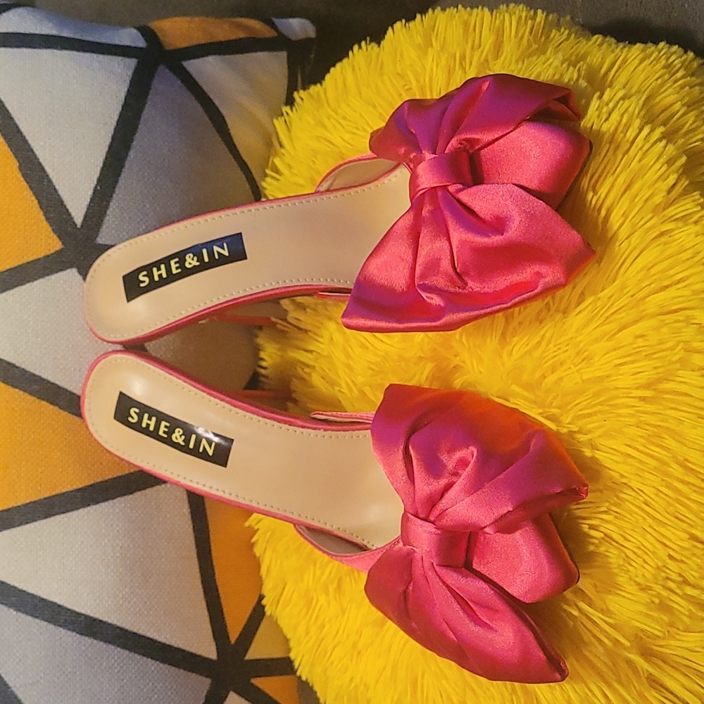Pink Satin Bow High Heeled Mule Shoe